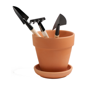Clay Pot With Wooden  Rake and Shovel